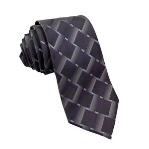 Van Heusen Tie Purple Gray Squares Pattern Mens Necktie 100% Silk